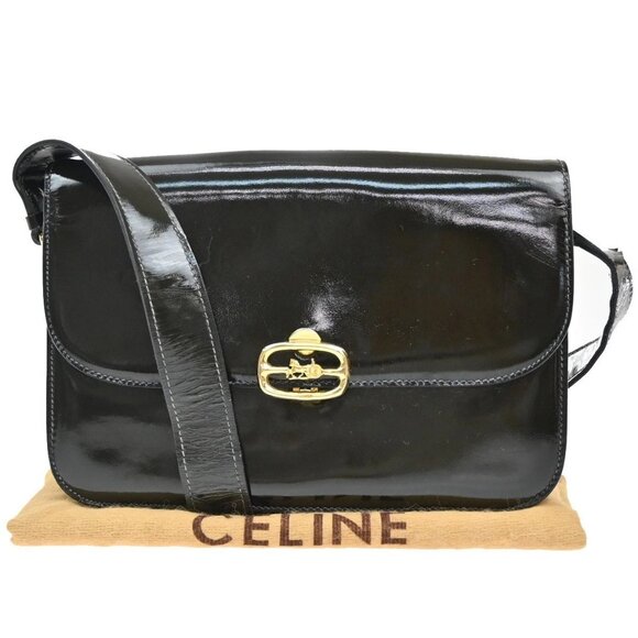 CELINE Logo Horse Carriage Shoulder Bag Patent Leather Navy Blue Italy 60KB004 - Picture 1 of 16
